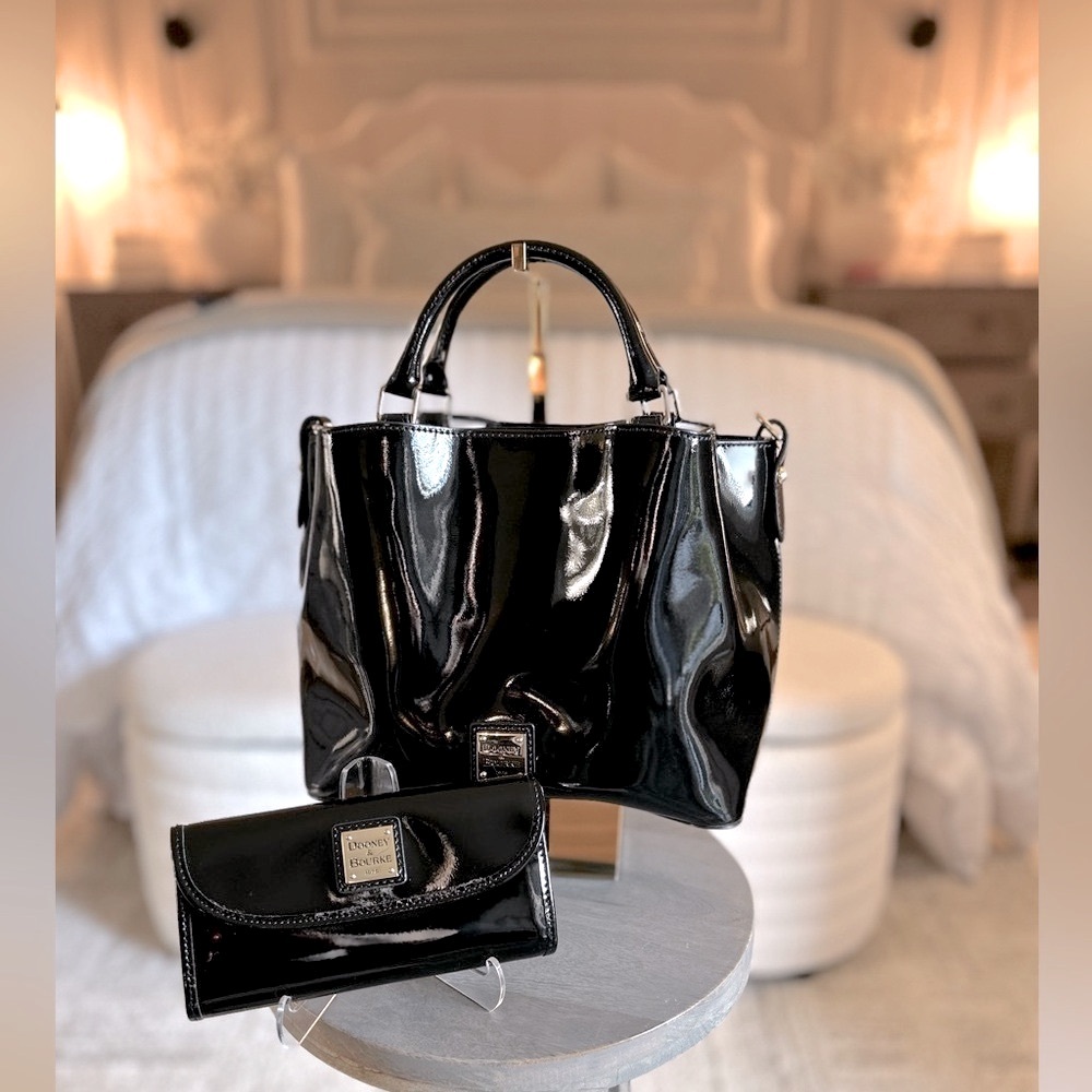 Dooney and Bourke Patent Leather Small Brenna Satchel in BLACK with wallet